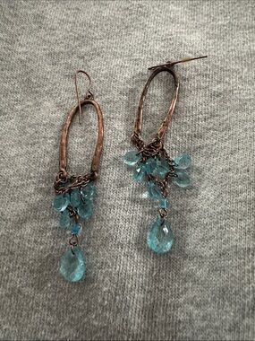 Artisan Copper Drop Earrings with Aqua Blue Gemstone Accents